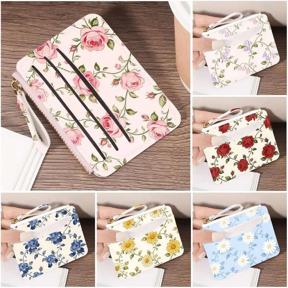 New PVC Credit Card Holder Slim Roomy Zipper Wallet Flower Pattern Portable Coin Purse for Women Girls