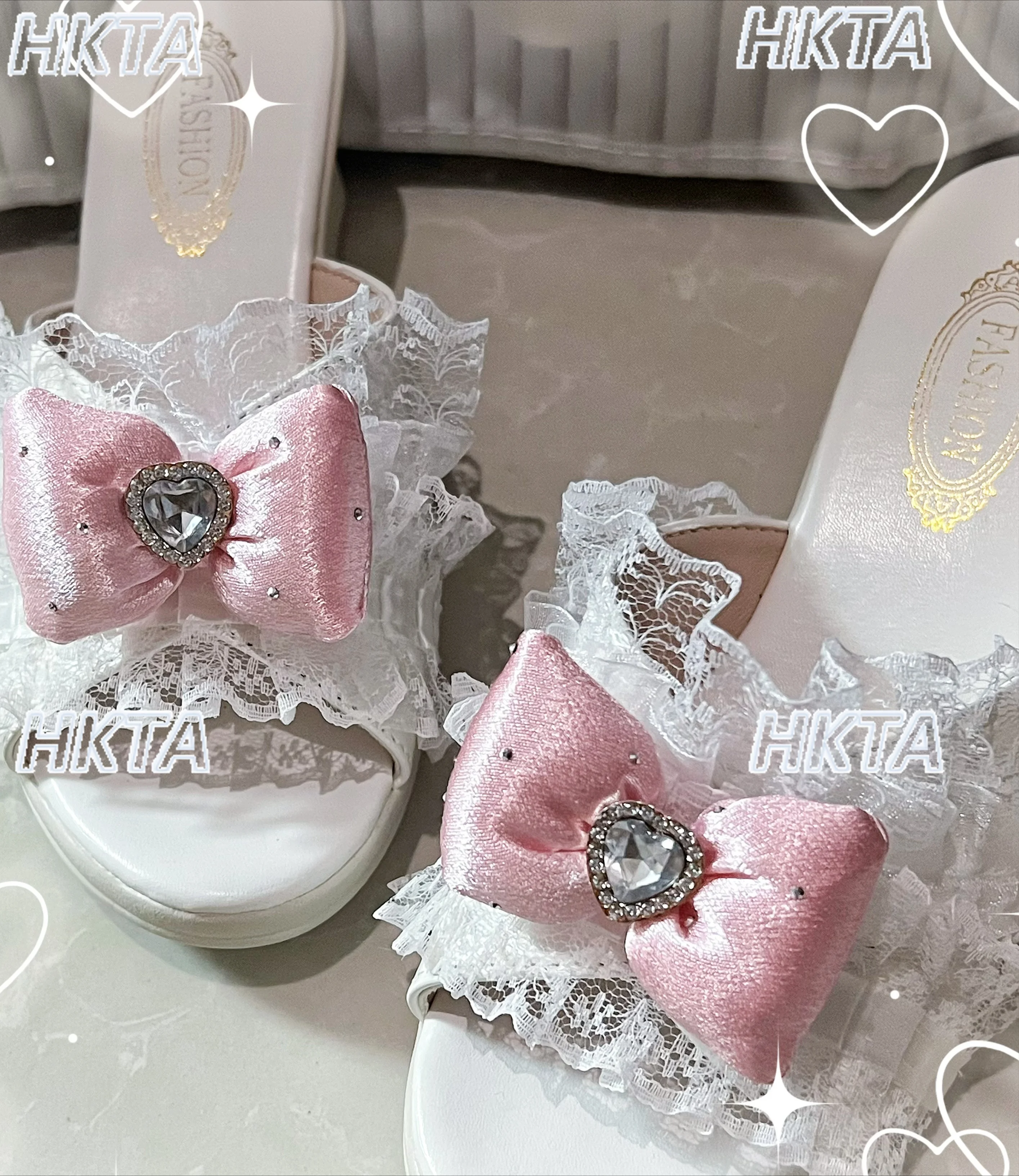 

Japanese mass produced lace bow rhinestone sweet cute lolita high heels summer slippers temperament kawaii shoes slippers women