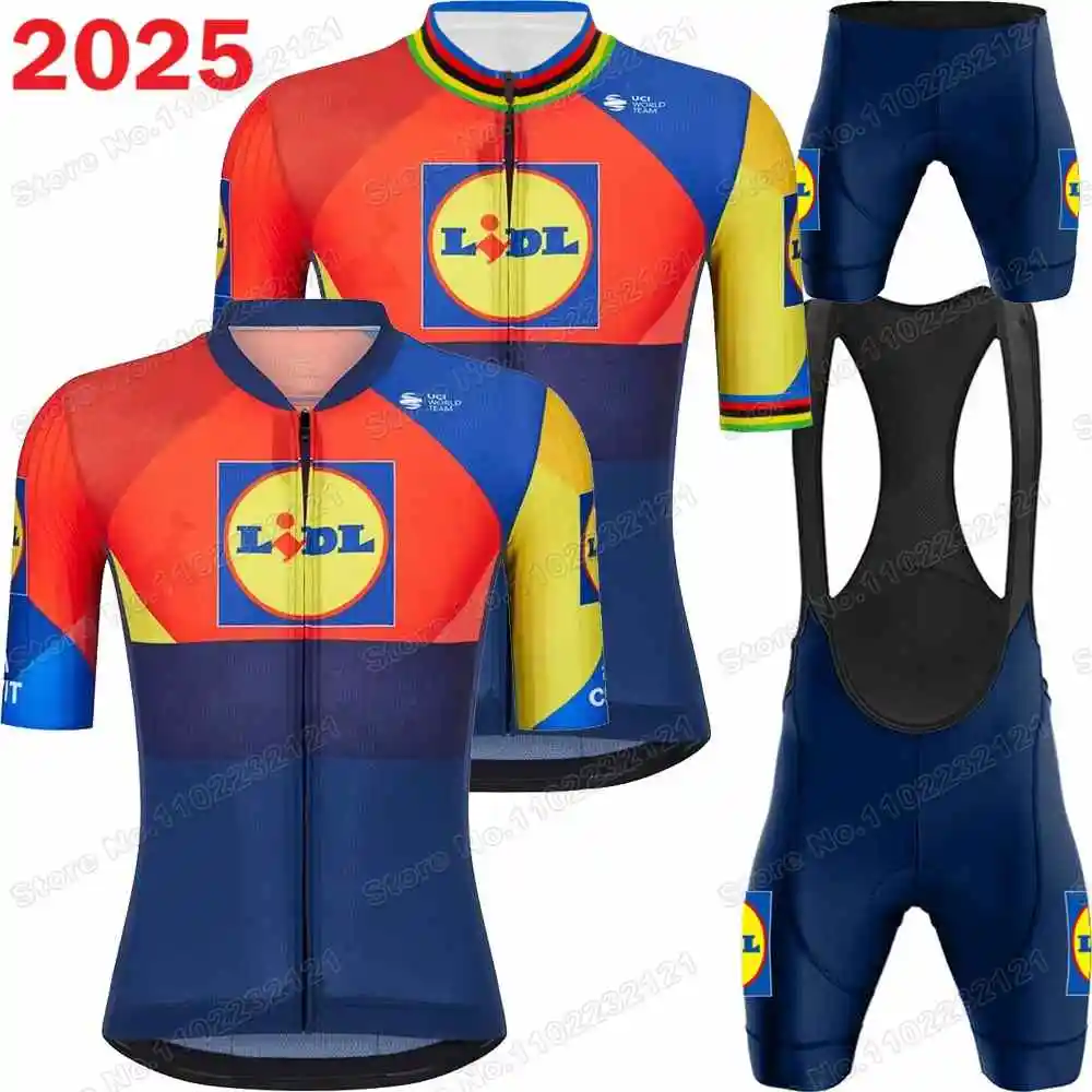 Conjunto de Maillot de Ciclismo Equipo Lidl 2025,Ropa de Ciclismo Campeón del mundo Mads Pedersen,Gira Italia Francia España Tour Traje de camisa de bicicleta de carretera Culotte con tirantes para bicicleta