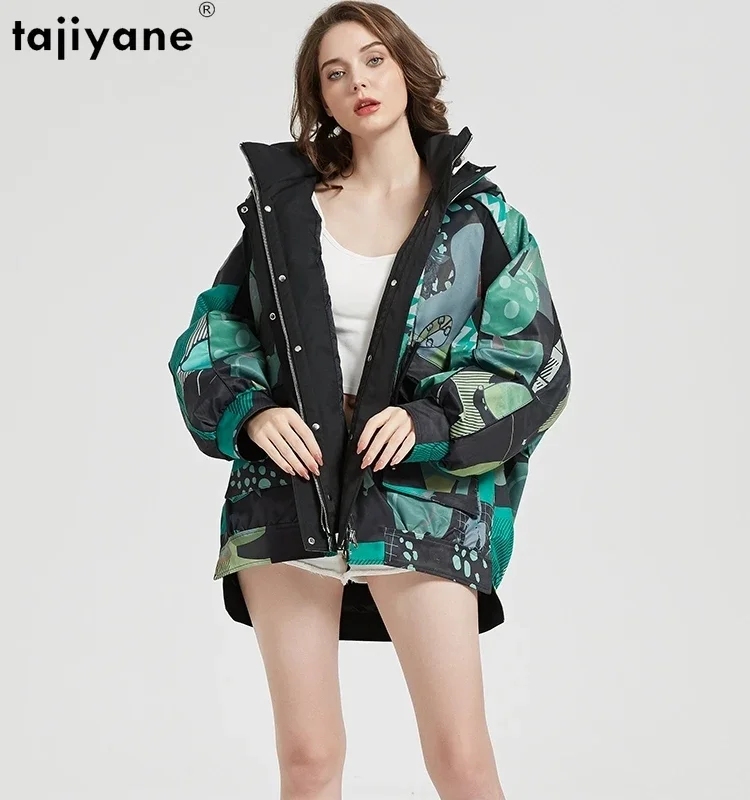 Tajiyane Cartoon Printed Down Jackets for Women 2023 Winter 90% White Goose Down Coats Mid-length Hooded Parkas Detachable Liner