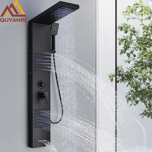 Schwarzes LED-Duschpaneel, Turmsystem, Regenwasserfall, Duschsäule, Wasserkraft, Massage, Körper, Spa, Bad, Dusche, Wasserhahn, Mischer