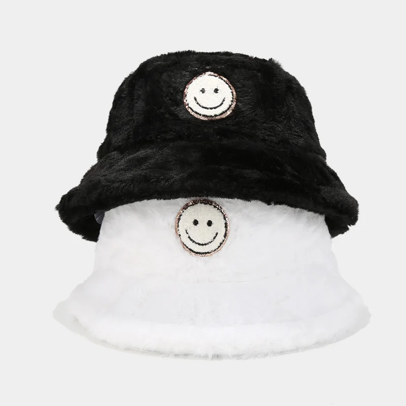 Smiley Face Embroidered Faux Fur Bucket Hat Winter Warm Plush Fisherman Cap