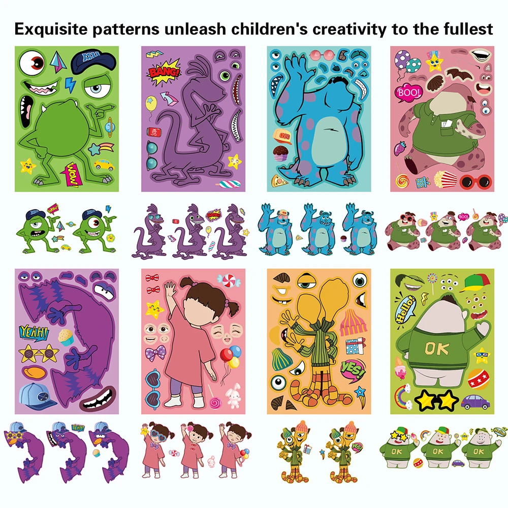 

8/16sheets Cartoon Disney Monsters Inc Puzzle Stickers Make a Face Children DIY Funny Assemble Jigsaw Decals for Kids Party Game
