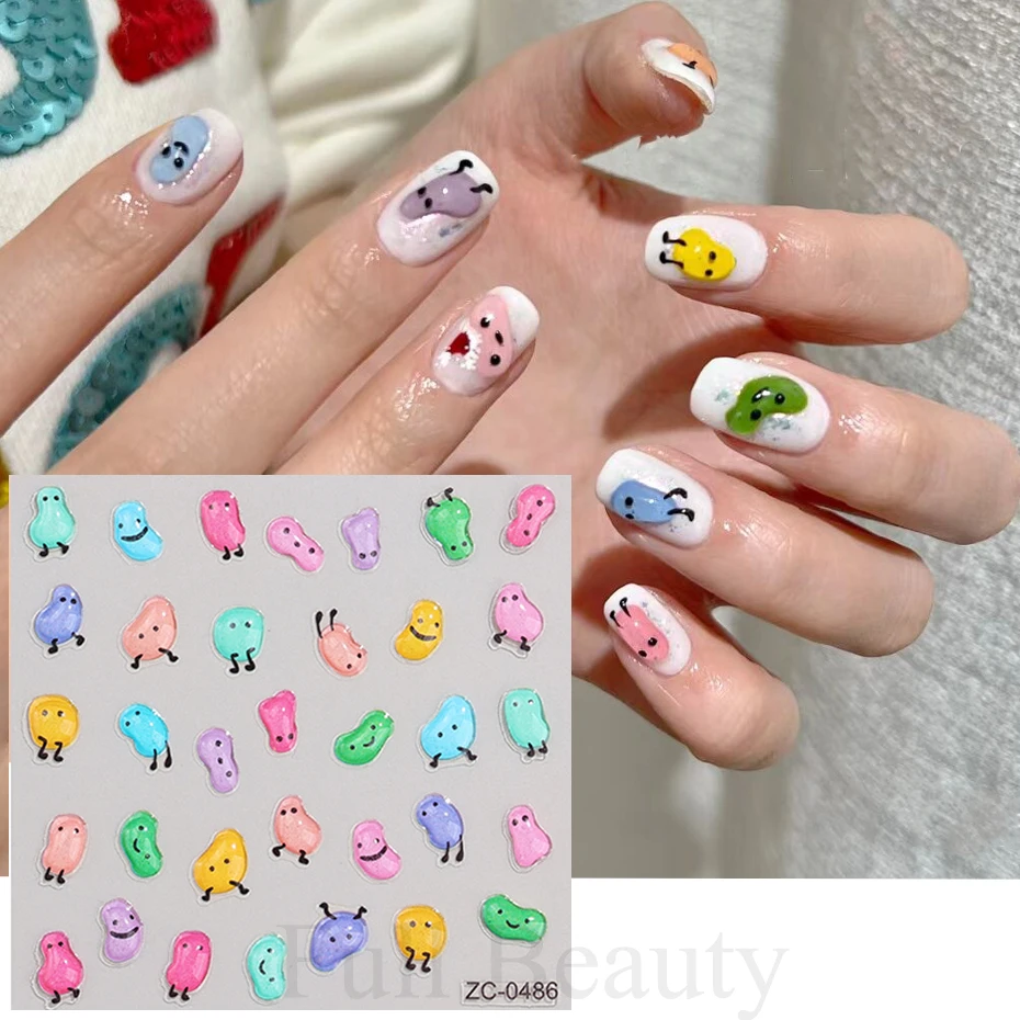 Jelly Cartoon Character 5D Nail Stickers Cute Funny Jelly Bean Abstract Geometric Slider Decal Adheisve Manicure DIY Sticker