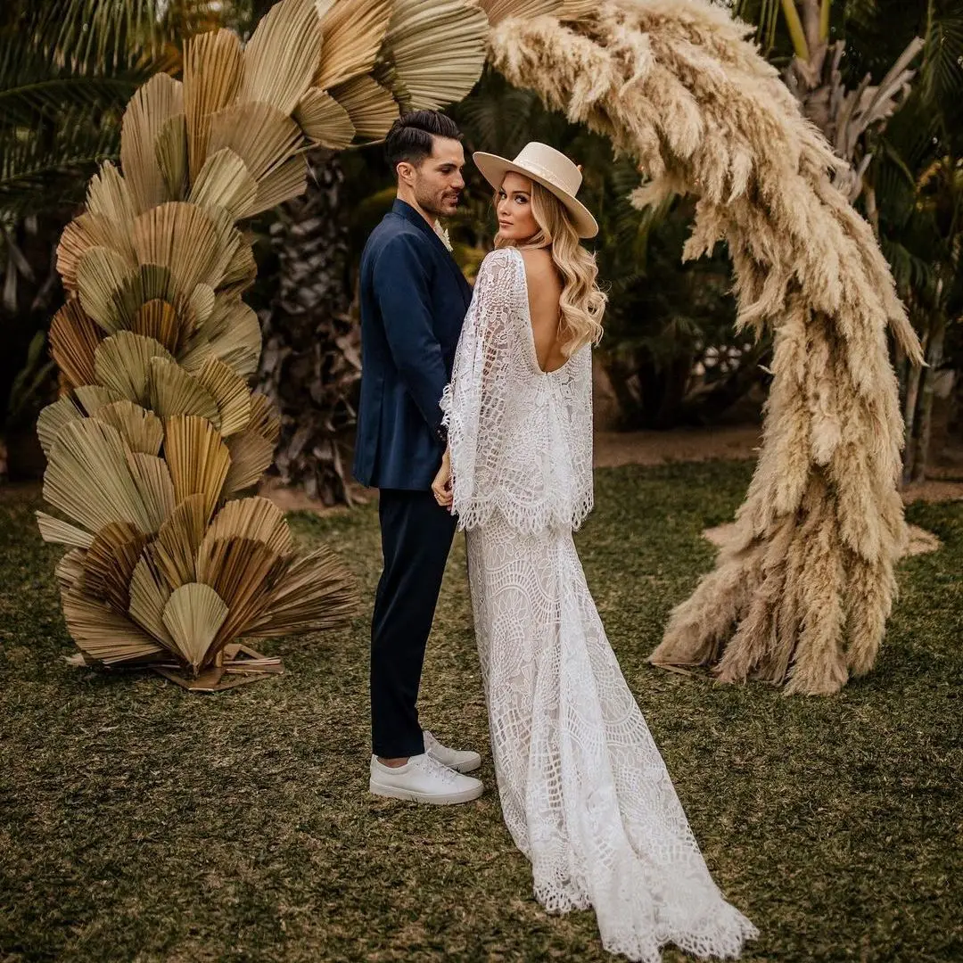 FATAPAESE Boho Wedding Dress Mermaid Dress Flared Sleeve Appqulies Lace V Back Sexy Simple Beach Bride Gowns White Bohemian