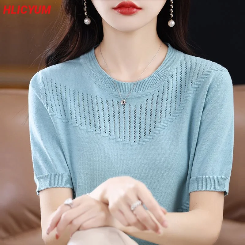 Women\'s T-shirt 2023 New 100% Cotton Short Sleeve Casual Solid Knit Pullover Ladies Tops Loose Tees Hollow Round Neck Blouse