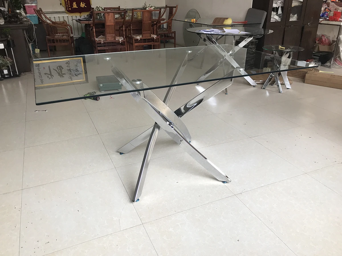 Free Sample Wholesale OEM/ODM Modern Design Home Furniture Dinning Room Table Sets Metal Stainless Steel Glass Dining Table