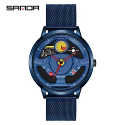 Fashion Sanda Top Brand Innovative Skeleton Men Sports Car Steering Wheel Waterproof Stainless Steel And Leather Quartz Watches