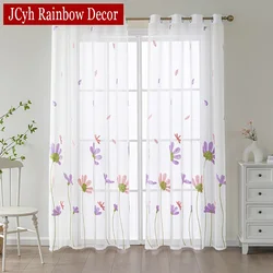 Embroidered Sheer Tulle Curtains For Living Room Girls Bedroom White Window Curtains Floral Kitchen Voile Curtain Drapes Cortina