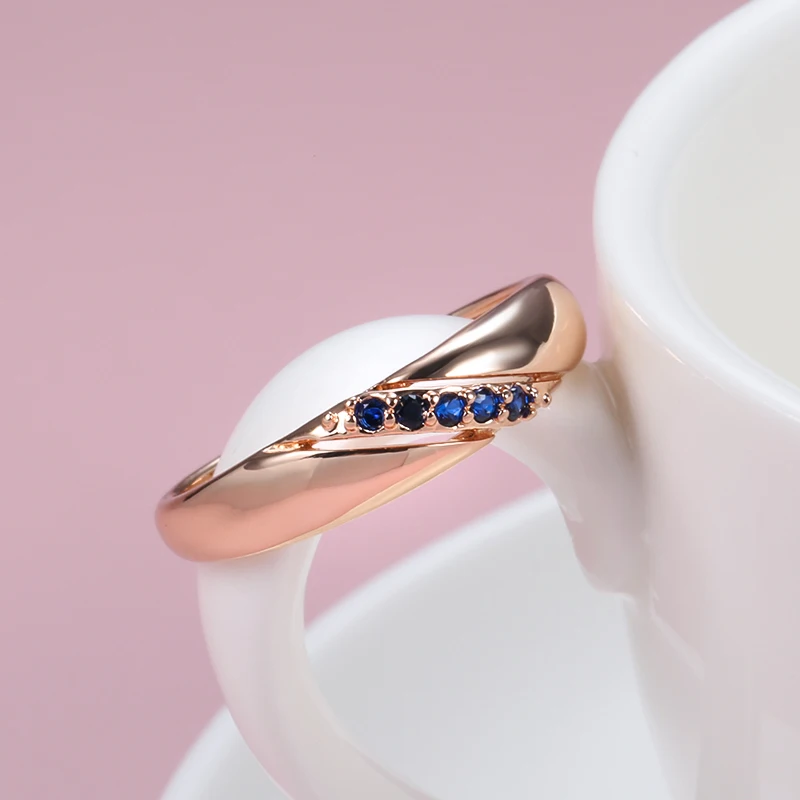 Minimalist Twill Blue Zircon 585 Rose Gold Color Fashion Rings Women Vintage Geometric Jewelry Ethnic Stackable Simple Rings