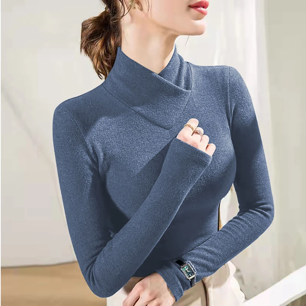 Leece-lined Half High Collar Underlay Top Autumn/Winter Overlay Thick Warm Long Sleeve T-shirt for Women