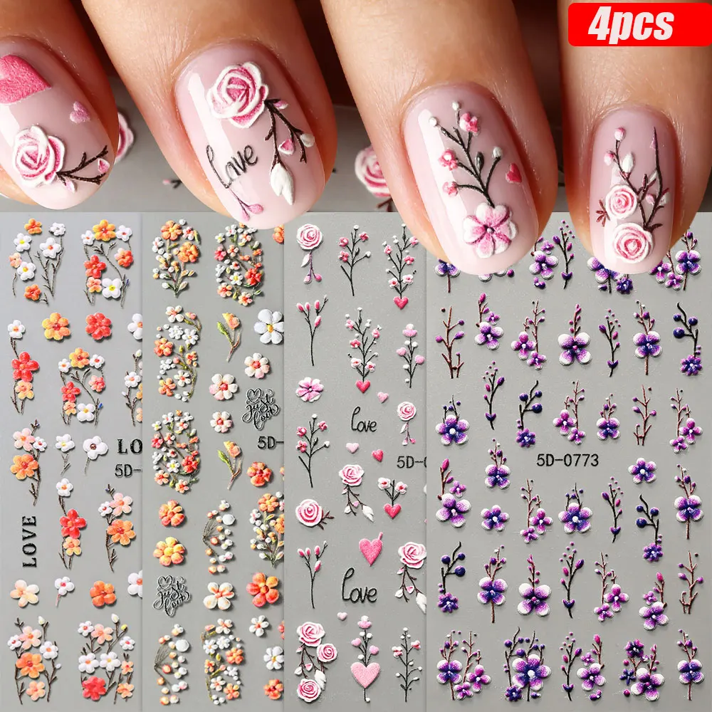 1/4PC 5D Embossed Spring Blossom Flower Nail Stickers Pink Orange Purple Petal Floral Nail Decal Adhesive Daisy Rose Nail Slider