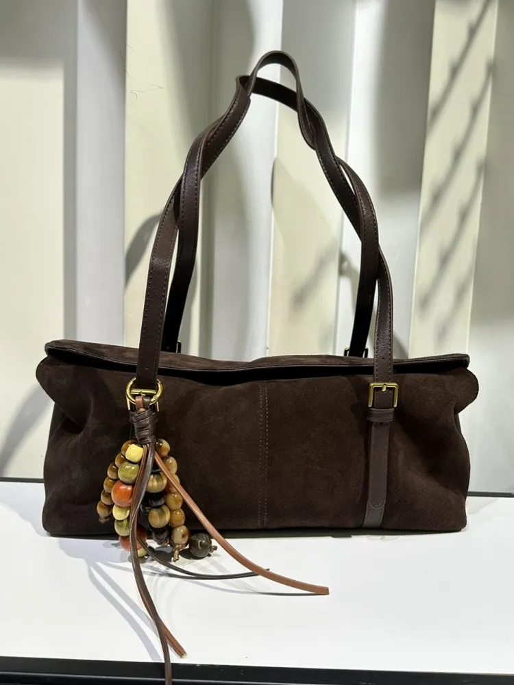 Winter Women Spliced Suede Leather Handbag Vintage Casual Totes Large Capacity Shoulder Bag Vintage Beading Buckle Work Bags