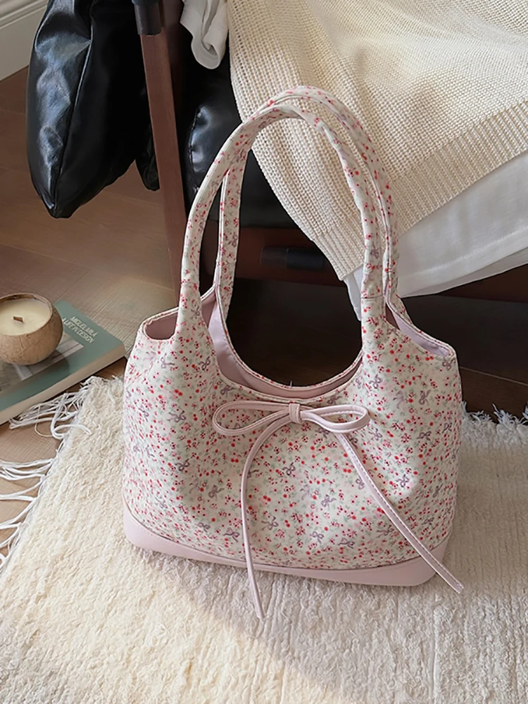 

Floral Print Pink Handbag for Women Korean Style Large Capacity Canvas Tote Bags Casual Commute Traveling Shoulder Bag