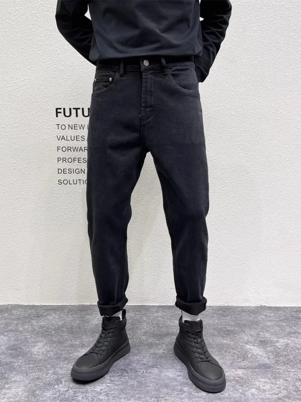 

Высококачественные классические черные мужские джинсы Slim Fit, повседневные брюки длиной 9/10, молодежные, модные, износостойкие, весна-осень