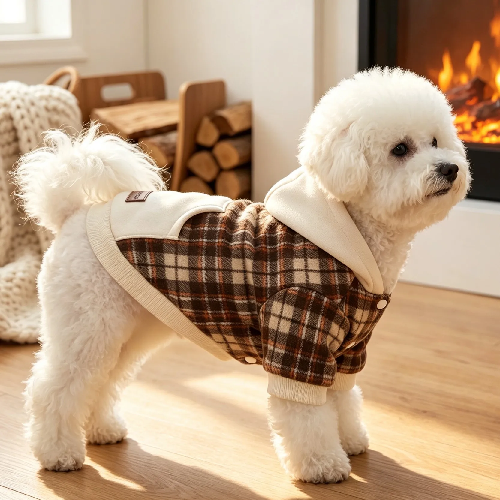 Hundejacke, Vintage-Karomuster in Braun, farblich abgesetzte Kapuze, Kragen mit Druckknöpfen und Taschen, weiche, warme Jacke. – Detail 5