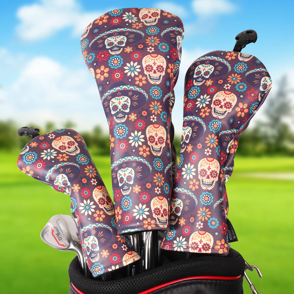 Día de los Muertos Style Soft PU Leather Printing Golf Club Headcover 3pcs Set Option Driver Fairway Wood Hybrid Covers