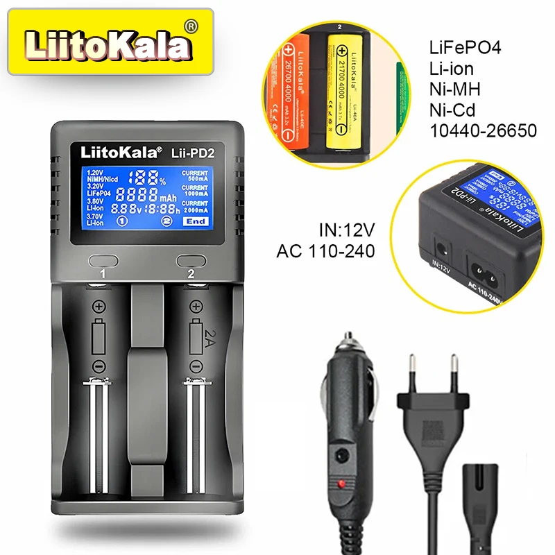 LiitoKala Lii-PD4/PD2 AC PD-oplader LCD Snel opladen 4/2-bay voor 21700/18650/AA/AAA Multi-bescherming Auto-detectie - afbeelding 1