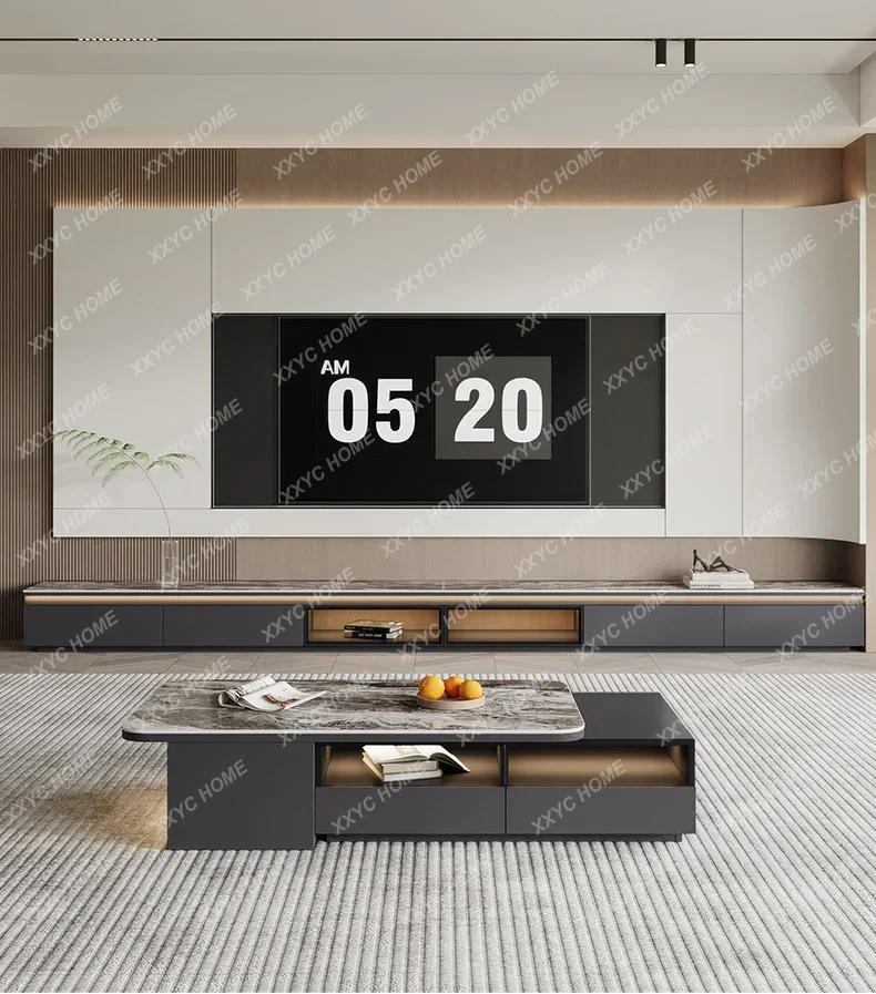 

Extra-Length Rock Plate TV Stand Coffee Table Set Minimalist Floor-Standing Built-in LED Lighting Living Room Furniture​
