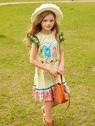 Summer Girl Dress Cartoon Printed Cap Sleeve Princesses Dress With Ruffled Hem