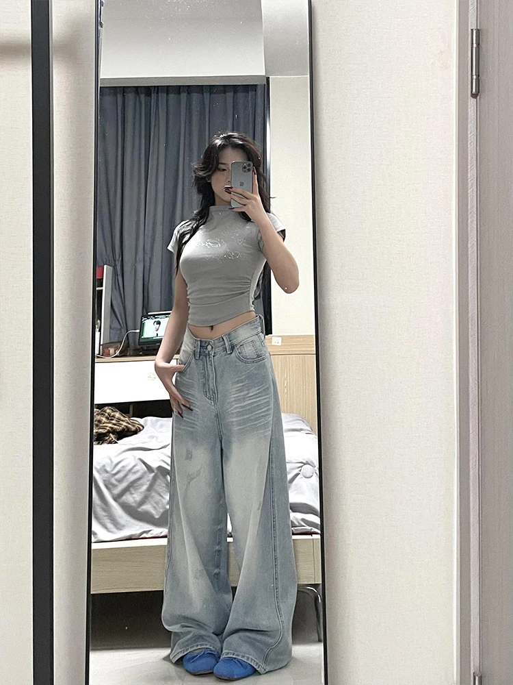 

American High Street Light Blue Denim Pants Women's Spring Summer New High Waist Loose Wide Leg Straight Long Trousers