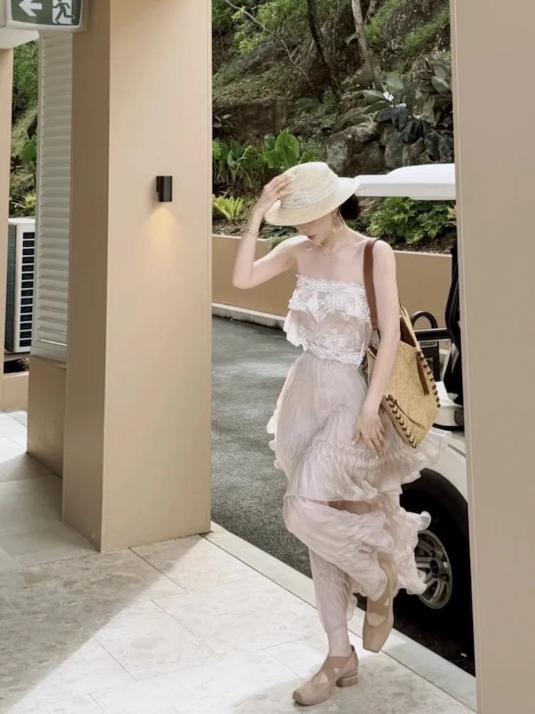 

Розовый кружевной комплект с рюшами: топ-бюстье и юбка, женский летний новый стиль, плиссированный, в горошек, из тафты, в этническом стиле