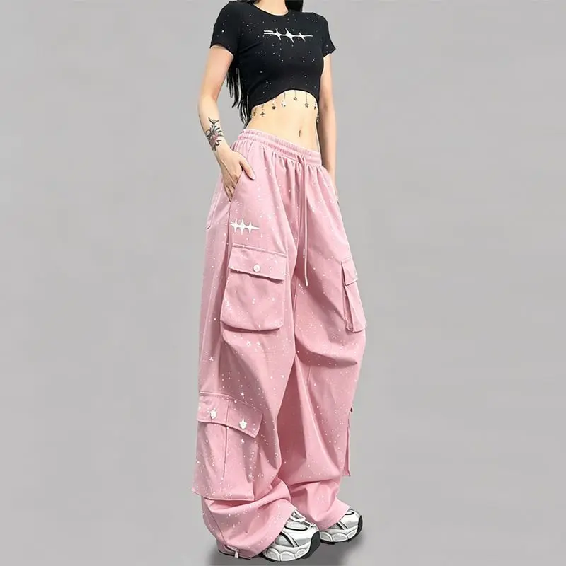 Summer Women Y2K Hip Hop Cargo Wide Leg Pants Sparkle Pocket Elastic Drawstring Waist Loose Baggy Streetwear Trousers Jazz Dance