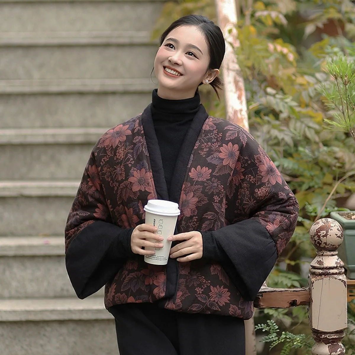 

Womens Short Thin Quilted Jacket 3/4 Long Sleeves Printed Open Front V-Neck Splicing Collar Drop Shoulder Vintage Outwear Autumn