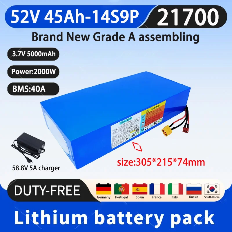 52V 45Ah 21700 14S9P Lithium Ion Battery Pack 2000W Power Tool Batteries Outdoor Backup Batteries With 40A BMS+58.8V 5A charger