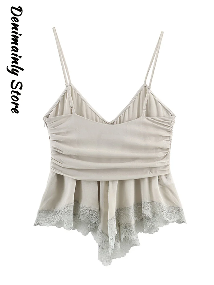 Fashion Grey Spaghetti Strap Camisole Women V Neck Twist Front Lace Asymmetrical Hem Sleeveless Crop Top 2026 Beach Holiday Wear