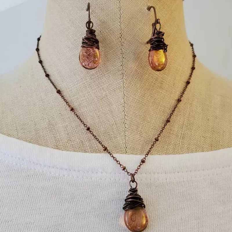 Fashionable Vintage Teardrop Lantern Glass Alloy Women's Charming Earrings Necklace Set Wholesale