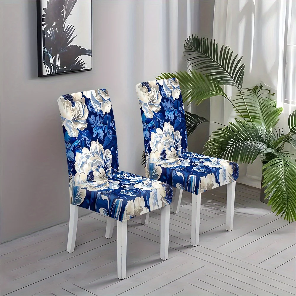 2/4/6pcs Luxury Navy Blue White Peony Floral Print Stretch Dining Chair Cover, Removable Washable Chair Slipcover