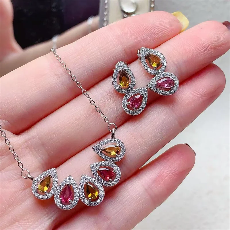 

Real 925 Sterling Silver Pendants Necklace Earrings Jewelry Sets Amethyst Garnet Tourmaline Genuine Gemstone with Certificate