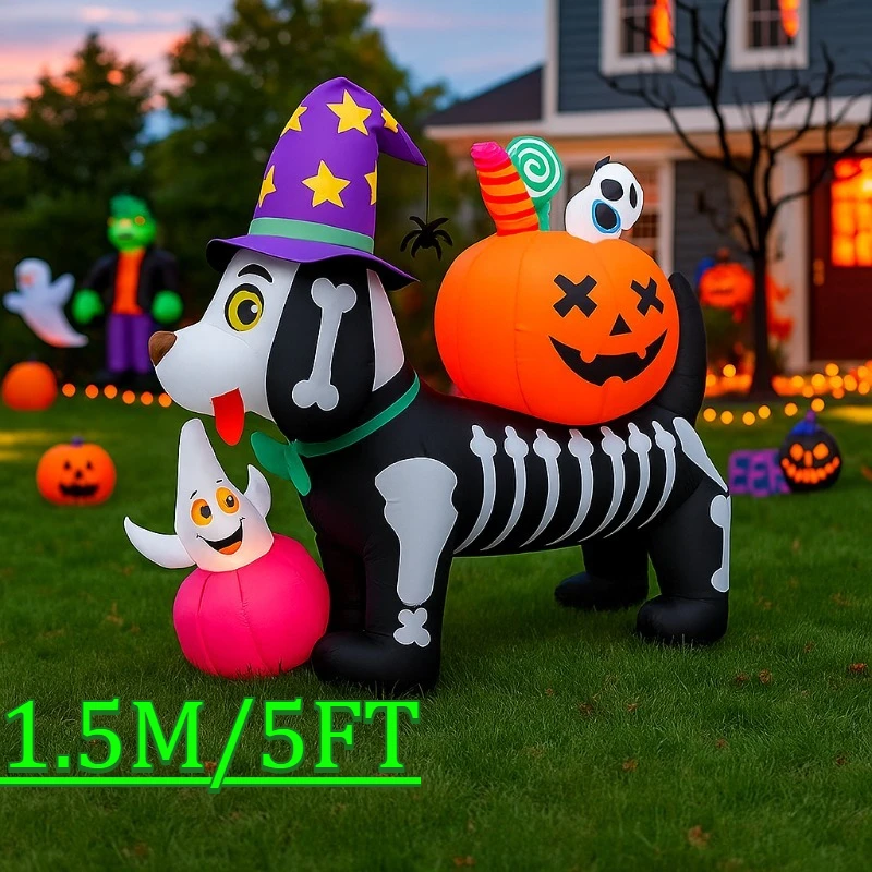 

5 футов надувные игрушки на Хэллоуин, собака-скелет с украшениями в виде тыквы, светодиодная подсветка, надувная модель для двора, внешний декор
