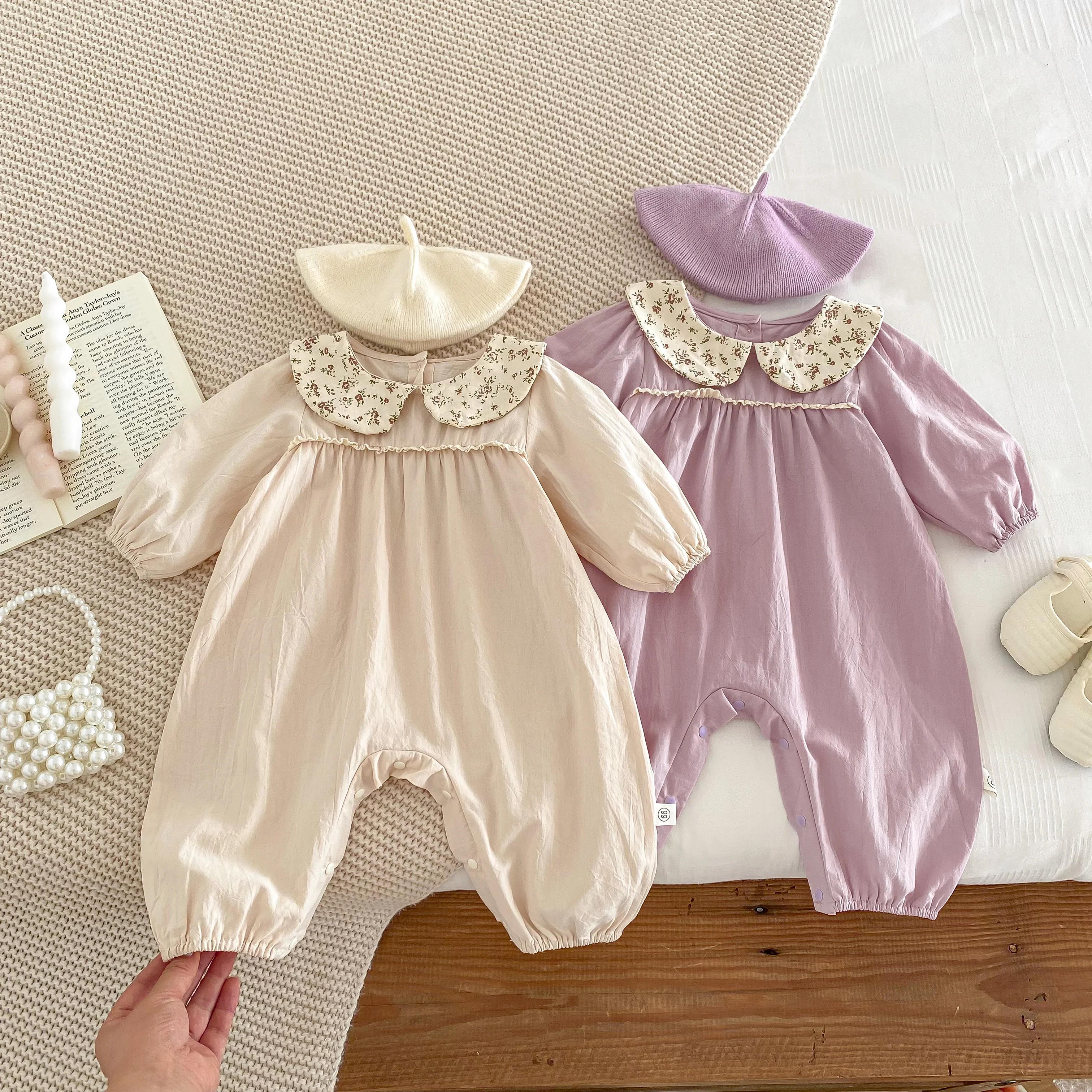 0-3Y Baby Bodysuit  Long Sleeves Floral Collar  Infant Girls Jumpsuit Baby Clothes  Thin Sweet Beauty