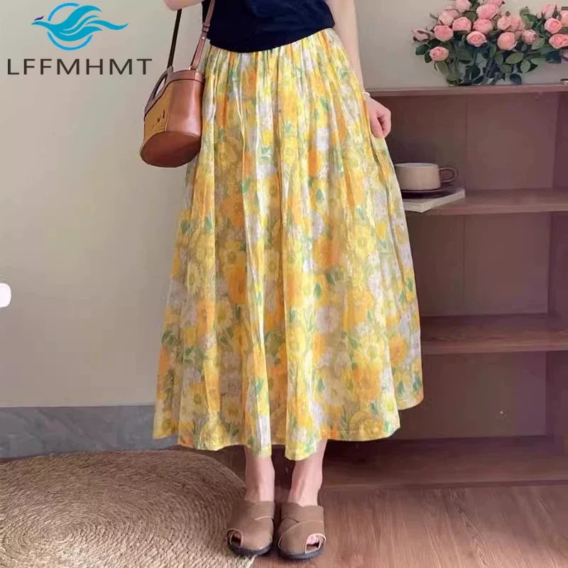 Summer Fashion Floral Print Cotton Linen Yellow Skirt Women's Good Quality Elastic Waist A-line Elegant Mid-long Length Dress