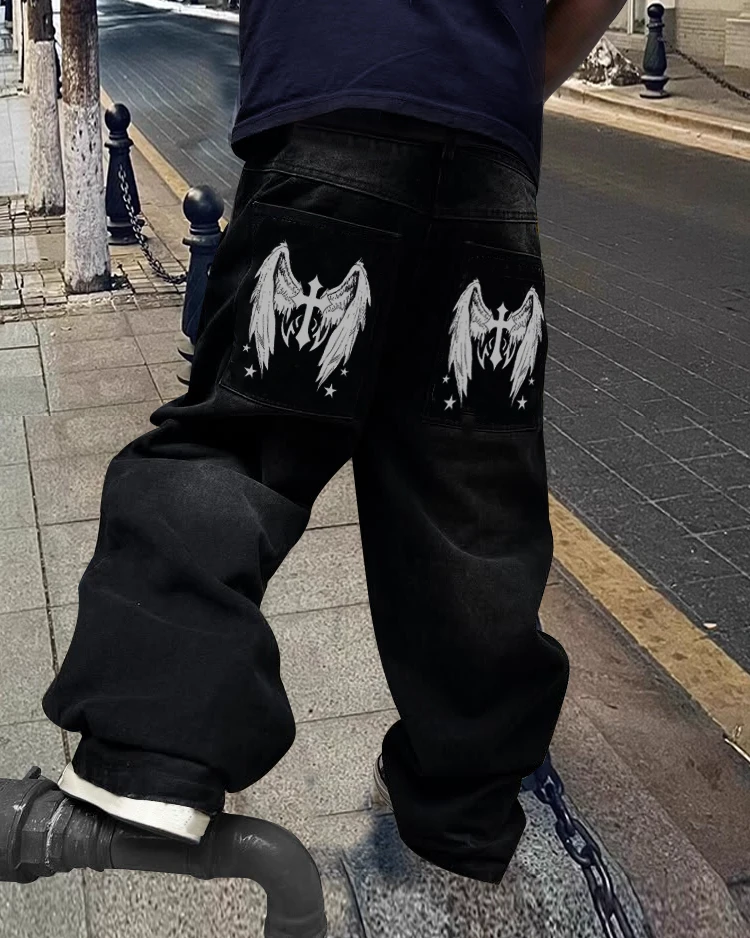 

Men's jeans trendy black loose jeans trousers casual street wide-leg pants teen Y2K clothing