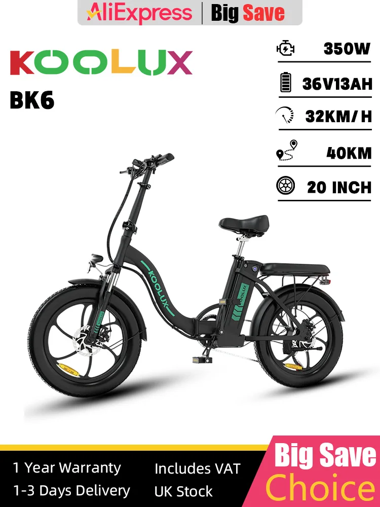 AliExpress KOOLUX(骑行) KOOLUX BK6 Ebike 350W Motor 36V 13AH Removable Battery 20*3.0 Inch Fat Tire Electric Bike City Commuter Adult Electric Bicycle