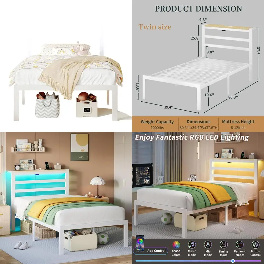 

White Twin Bed Frame with Storage Headboard, Charging Station, LED Lights, Metal Slat Support, Easy Assembly, No Box Spring Need