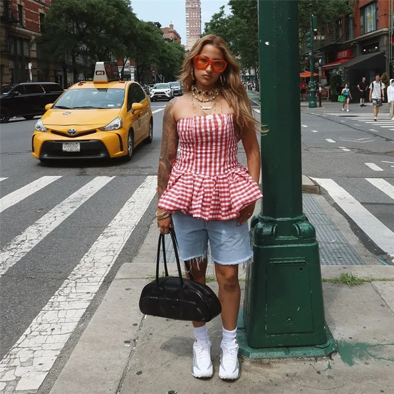

2025 summer fashion personality street grid strapless sleeveless off shoulder skirt top women's short skirt