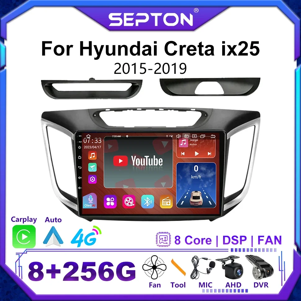 

SEPTON Car Stereo Radio 2Din Carplay for Hyundai Creta Ix25 2015-2019 Android 12 Multimedia Player Navigation Auto GPS Headunit