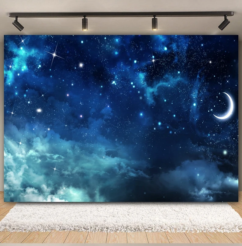 Night Starry Sky Cloud Backdrop Universe Earth Moon Planet Stars Baby Birthday Party Photography Background Decor Photo Studio