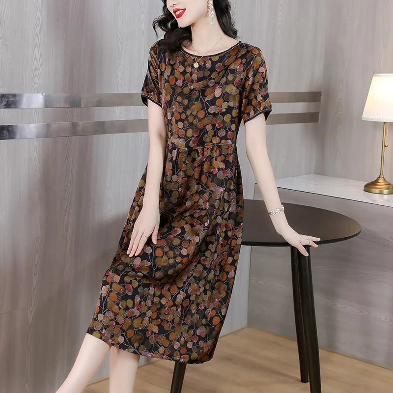 

2023 New Silk Round Neck Printed Dress Women's Summer Retro Floral Short Sleeve Loose Fit Casual Holiday Dress Vestidos