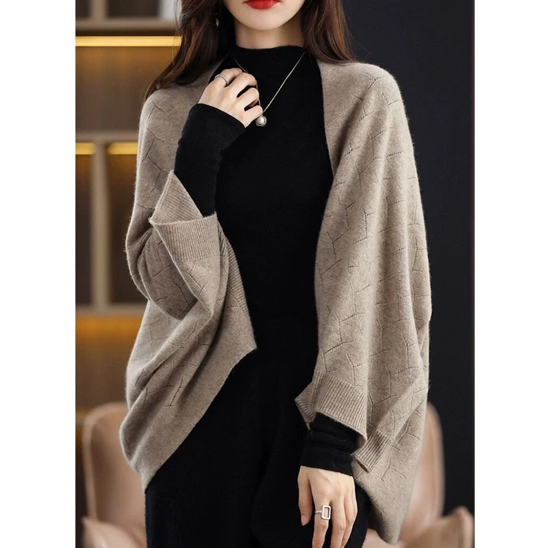 2023 Autumn Winter Women Elegant Fashion Oversize Shawl Knitted Cardigan Female Casual Solid Long Sleeve Soft Cloak Sweater Coat