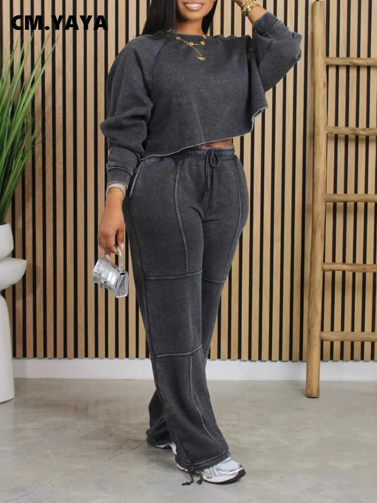 CM.YAYA Women Set Long Sleeve Washed Sweatshirt + Pant Suits 2025 2 Two Piece Sets Sporty Active Tracksuits Street Outfits