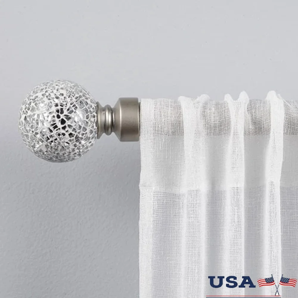 

White Mosaic Curtain Rod Set Adjustable Length Matte Silver Finials Textured Glass Brackets Mounting Hardware Easy Install 25lb
