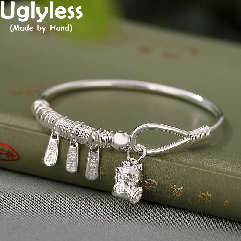 

Uglyless 100% 999 Fine Silver Lucky Cat Bangles Women Sparkly Glossy Silver Bangles Simple Fashion Girls Lovely Jewelry Animal