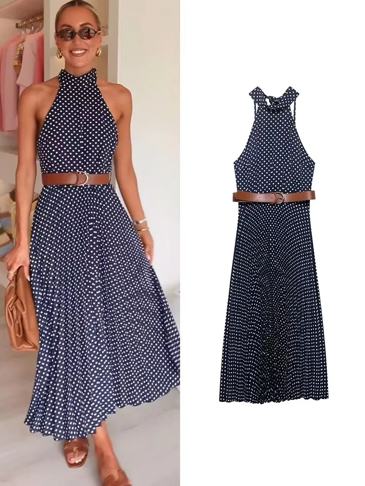 

Elegant Polka Dot Dress For Women 2025 New Summer With Belt Halter Sleeveless Backless Lace Up Long Dresses Office Chic Vestidos