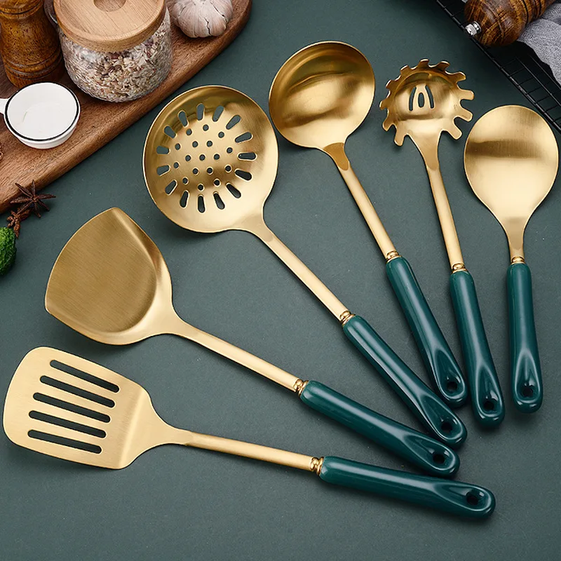 Green Golden Ceramic Handle Spatula Soup Spoon Stainless Steel Home Cooking Tool Set Colander Novel Chinese Kitchen Accessories