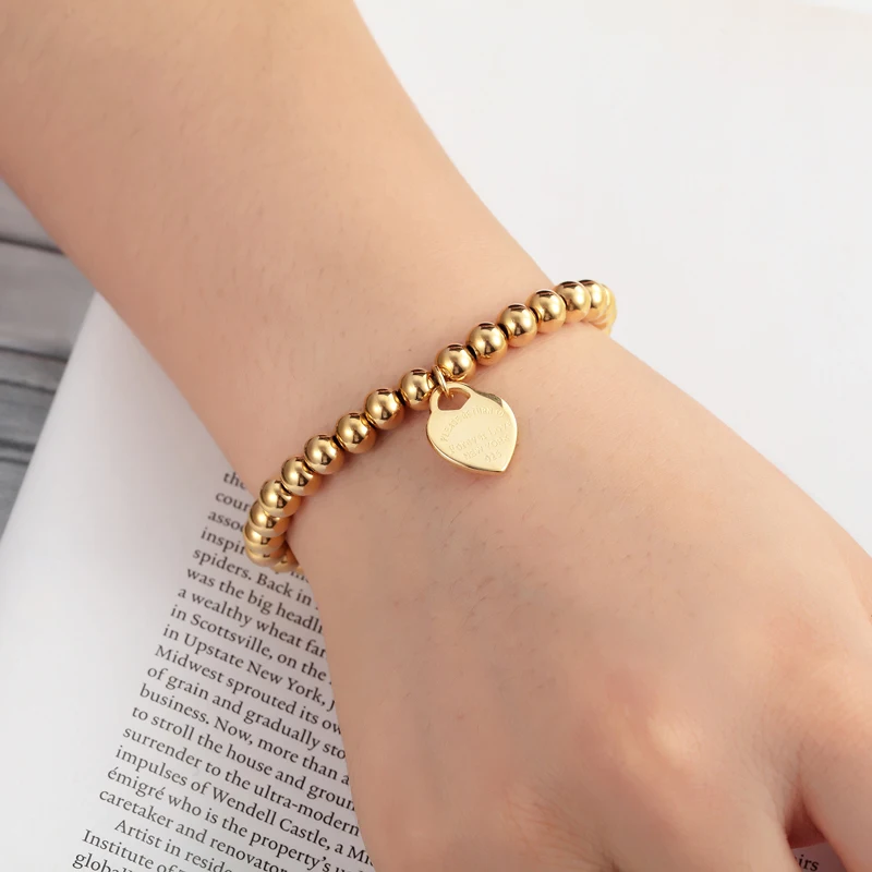 New Fashion Women Party Jewelry Lover Heart Pendant Stainless Steel Elastic Rope Bracelet Bead Chain Woman Bangles